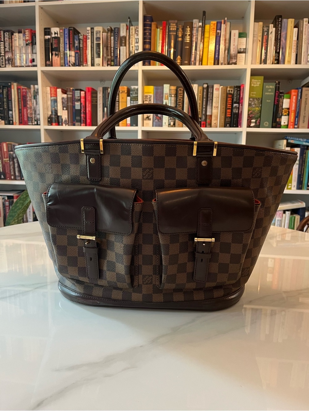 Louis Vuitton Brown Damier Ebene Canvas Tote with Front Buckle Pockets